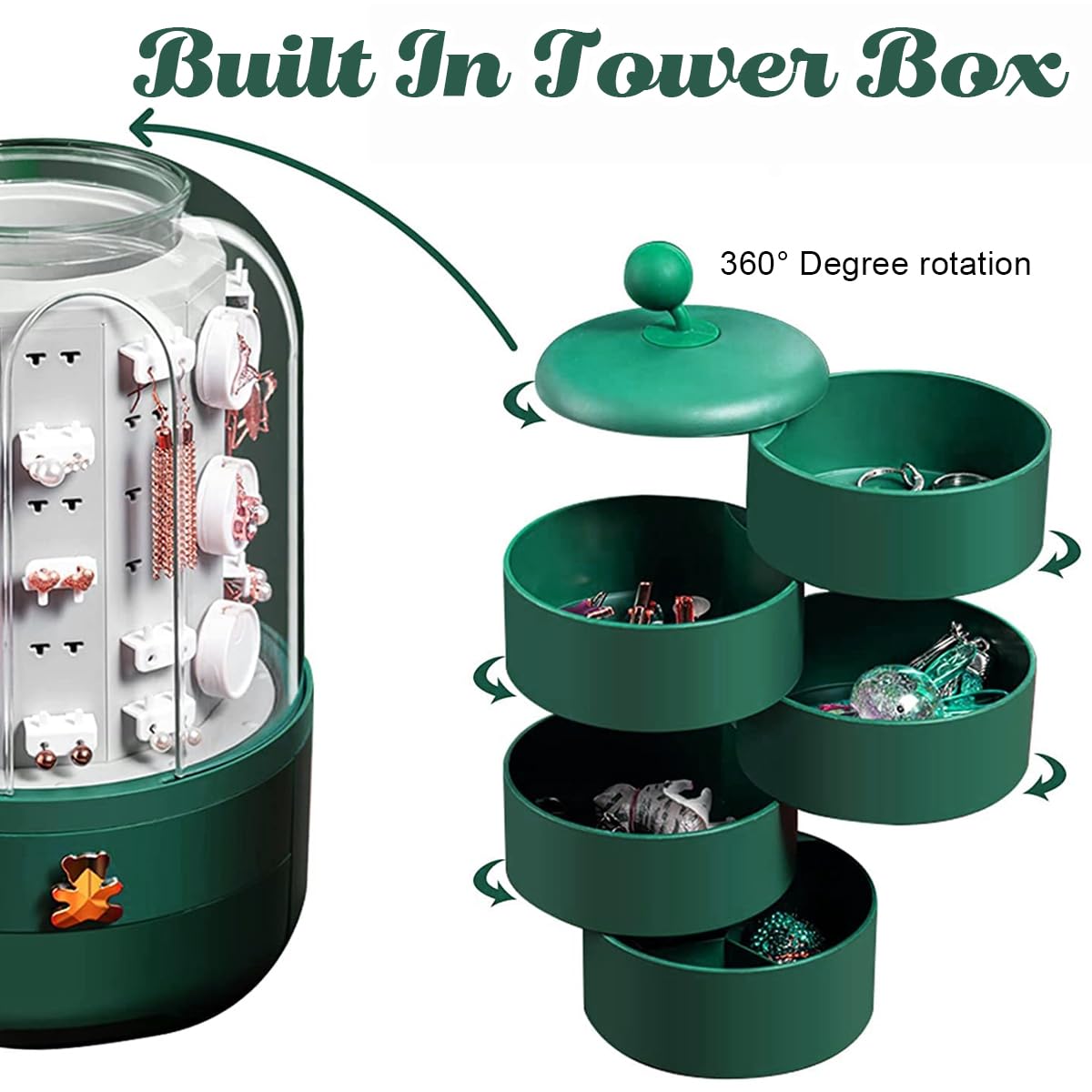HANNEA 3-in-1 Jewelry Organizer 360° Display Earring Organizer for Mother's Day Girls Valentine Gift, Jewelry Box Built-in 5-Layer Rotatable Jewelry Organizer Box Storage HANNEA 3-in-1 Jewelry Organizer 360° Display Earring Organizer for Mother's Day Girls Valentine Gift, Jewelry Box Built-in 5-Layer Rotatable Jewelry Organizer Box Storage